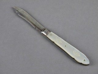 A Victorian silver bladed fruit knife with mother of pearl grip