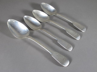A Georgian silver fiddle pattern table spoon, London 1790 and 3 Victorian silver fiddle pattern pudding spoons London 1843 and  1845, 5 ozs
