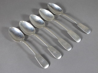 5 Victorian silver fiddle pattern teaspoons, Newcastle 1859, 2 ozs