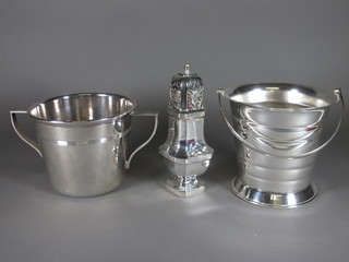 A silver plated twin handled ice pail with swing handle and a silver plated sugar sifter