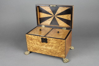 A 19th Century birds eye maple rectangular twin division caddy  with hinged lid 9"w x 6"h x 5 1/2"d