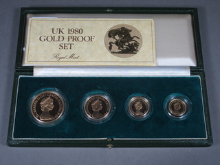 A 1980 gold proof set of coins, comprising ?5 coin, ?2 coin, sovereign, half sovereign
