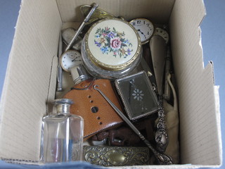 A glass and silver plated hip flask and various costume jewellery  etc