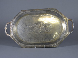 An engraved silver plated twin handled lozenge shaped tea tray 13 1/2"