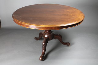 A circular Victorian mahogany snap top breakfast table, raised on  a pillar and tripod supports 46" diam. x 29"h