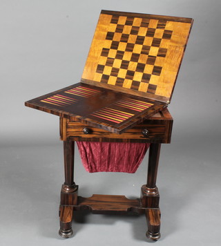A Victorian rosewood games table, the top inlaid a chess and backgammon board, the base fitted 1 long drawer above a deep  basket, raised on turned tapering columns with platform base  22"w x 17"d x 29 1/2"h  ILLUSTRATED