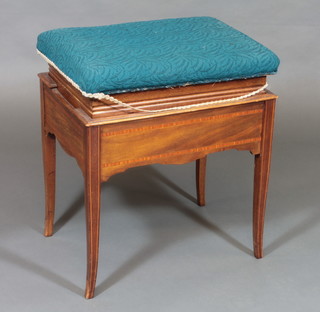 A rectangular Edwardian inlaid mahogany adjustable piano stool raised on outswept supports 18"w x 21"h x 13"d