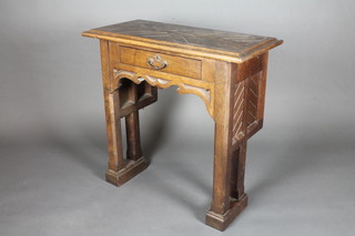 A Victorian Gothic style oak side table with parquetry top fitted a frieze drawer, 33"w x 32"h x 16"d