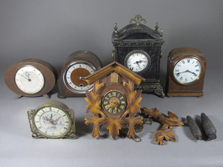 A 1930's 8 day mantel clock by Enfield with silvered dial  contained in an oak arch shaped case, a Smiths mantel clock, 2  other mantel clocks, a bedroom clock and a cuckoo clock