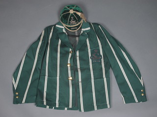 A 1929 M.T.E Chatham XV Rugy green and white striped blazer  together with matching cap  ILLUSTRATED