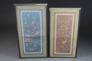 A pair of Oriental embroidered panels of figures 21" x 12"