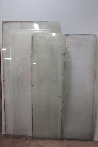 A section of 19th Century rectangular etched Pub glass 55" x 25"  and 2 other sections of pub glass marked Private and Bar 50" x  15"