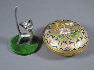 An Art Deco white metal figure of a stylised standing cat, raised  on a green plastic base 4" and a champ leve enamel jar and cover  4"