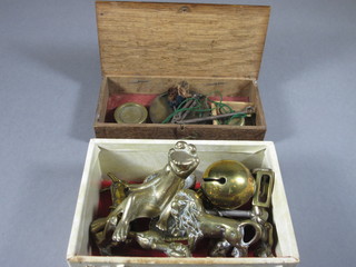 A pair of brass and steel scales contained in an oak box and a collection of various small brass items