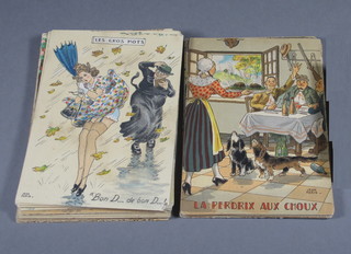 A collection of various French coloured saucy postcards