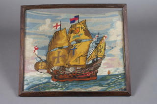A 1930's Berlin woolwork picture of a galleon 15" x 17 1/2"