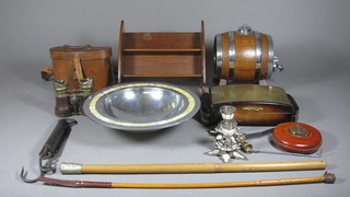 A Queens Regt. swagger stick, a riding crop, a military issue leather binocular case, a coopered oak barrel etc