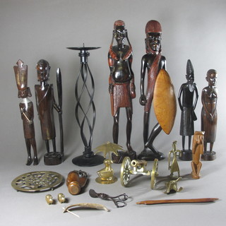 An African carved figure of a standing Warrior 19" and 1 other,  a collection of various wooden items etc