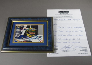 A signed colour photograph of Ayrton Senna in his Rothmans Williams Renault, signed and dated '94, 4" x 6" together with  a handwritten letter of authenticity