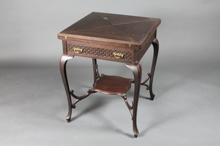 An Edwardian mahogany envelope card table fitted a drawer,  raised on cabriole supports with undertier 22"w x 22"d x 28"h