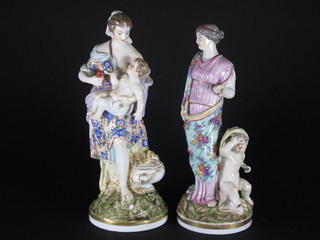 A pair of 19th Century "Dresden" porcelain figures of standing classical ladies with children 11", f,  ILLUSTRATED
