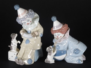 A Lladro figure of a seated clown accordionist 6" and 1 other  clown with ball 5"