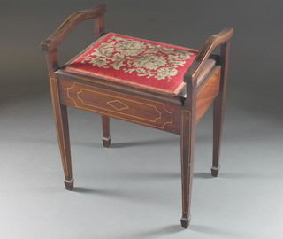 A rectangular Edwardian inlaid mahogany piano stool, the seat  with Berlin woolwork seat, on square tapering supports 21"w x  16"d x 26"h