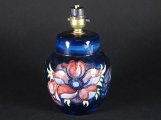 A Moorcroft blue glazed ginger jar style lamp base decorated  Anemones 6"  ILLUSTRATED