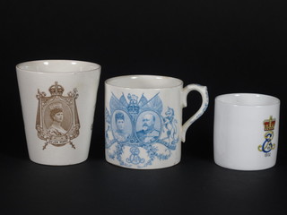 A Doulton Edward VII Coronation beaker, do. mug, the bases  labelled from the Harold E Ward Collection together with an  Edward VII Coronation mug with lithophane panel to the base