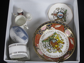 An Allsop porcelain miniature clock 3" and a small collection of miniature Royal commemorative