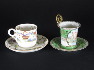 A Worcester cabinet cup and saucer, the base with black  Worcester mark together with a green glazed porcelain cabinet  cup and saucer