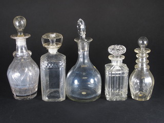 2 Georgian ring neck decanters and stoppers and 3 other  decanters