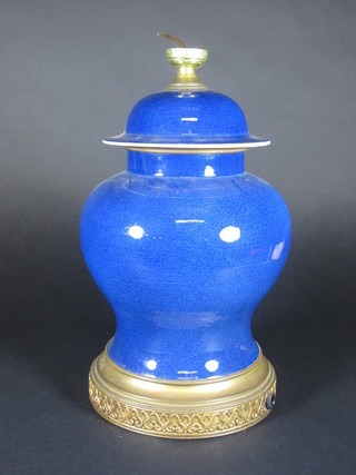 An Oriental blue ground urn and cover converted to a table lamp  11"