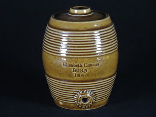 A small pottery barrel marked Elizabeth Charles born 1809, 4"