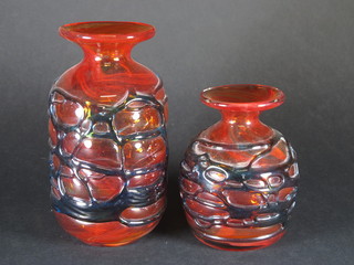 2 circular Mdina red glass club shaped vases 8" and 6"