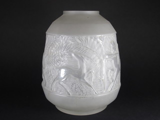 An Art Deco French glass vase decorated a hunting scene with  antelope and tigers 12"