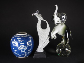 A prunus ginger jar 7" - no cover, a figure of a standing lady  - Elegance 11" and a glass figure of an elephant on ball 14"