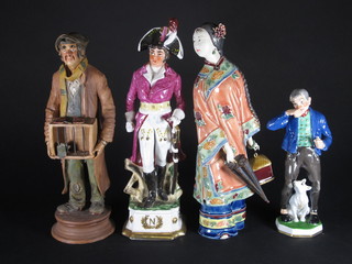 A German porcelain figure of a snuff taker 8", a porcelain figure of a Napoleonic soldier 12", a terracotta figure of a street vendor  11" and a figure of a Geisha girl