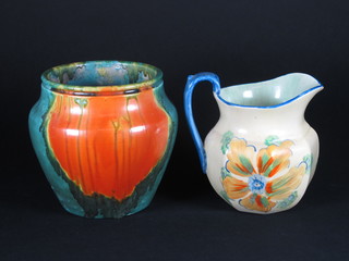A Hancocks ivory ware hand painted jug 5 1/2" together with a circular coloured vase 6"