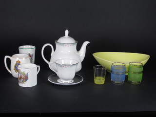 A Royal Doulton Vogue patterned tea service, a part Susie  Cooper Wedgwood coffee service and various commemorative  mugs, Carltonware dish, etc,