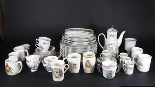 A part Royal Doulton Champagne pattern tea service, a part  Spode Copeland dinner service, a part Crown Royal tea service  and a collection of commemorative mugs etc