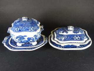 A 29 piece Copeland Spode Tower pattern dinner service comprising rectangular twin handled tureen and cover 10" - lid  cracked, pair of rectangular tureens 11" - cracked, handles f and  r, sauce tureen and stand 6", twin handled platter 14", 4  graduated meat plates 15", 2 x 11 1/2" - 1 f and r and 11",  strainer 7" - cracked, 4 soup bowls 10 1/2" - 2 chips to rims, 5  dinner plates 10 1/2" - 4 cracked, 7 side plates 9" - 6 cracked, 3  tea plates 7 1/2" - 3 cracked