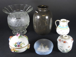 A Poole Pottery grey crackle glazed vase 8 1/2", a circular Dresden floral encrusted jar and cover 5", a Lalique style glass  vase 7 1/2" and other decorative items etc