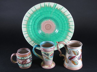 A Shelley Art Deco Harmony charger 14" and 3 various Glen  College mugs 6" and 4 1/2"