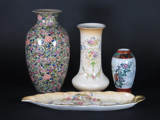A pair of Ducal pottery vases 11" - 1 f and r, a pair of Ducal  Worcester style vases 9", a Crown Devon leaf shaped dish 15  1/2" and 2 Oriental vases 6"