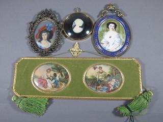 2 oval miniature reproduction portrait plaques "Classical Scenes",  3" oval, contained in 1 frame together with a Sevres style  porcelain plaque "Lady" 4", a reproduction portrait miniature of  a lady 3" and a cameo portrait
