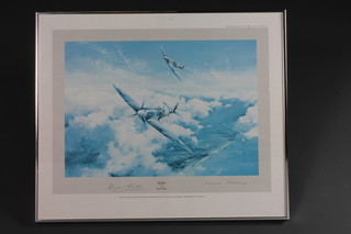 Robert Taylor, a signed coloured print "Spitfire" signed by Douglas Bader and Johnnie Johnson 14" x 21"
