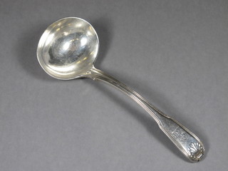 A George III silver fiddle, thread and shell pattern sauce ladle, London 1811, 3 ozs