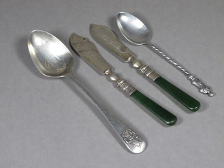 A Victorian Admiralty silver teaspoon with crown anchor and  crows foot to reverse, London 1859, a silver apostle spoon and 2  silver bladed butter knives