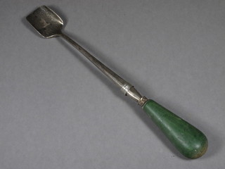 A Georgian silver marrow scoop with turned green ivory handle,  London 1779
